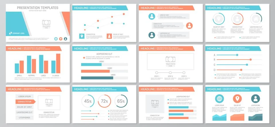 Set of orange and blue elements for multipurpose presentation template slides 스톡 일러스트