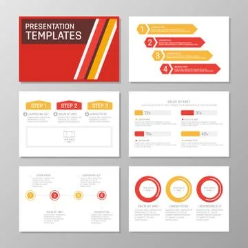 Set of orange and red template for multipurpose presentation slides with graphs Stock Illustration
