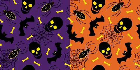 Set of orange and violet seamless pattern with halloween symbols Stock Illustration