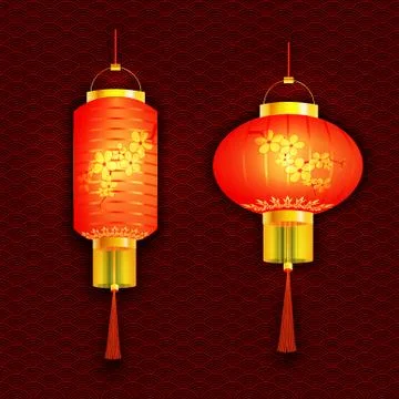 A set of orange Chinese lanterns. With cherry pattern. Round and cylindrica.. Stock Illustration