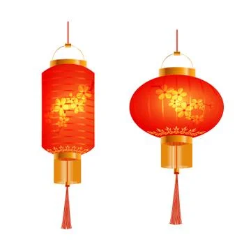 A set of orange Chinese lanterns. With cherry pattern. Round and cylindrica.. Stock Illustration