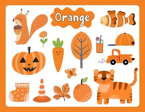 Set of orange color objects. Primary colors flashcard with orange elements Stock Illustration