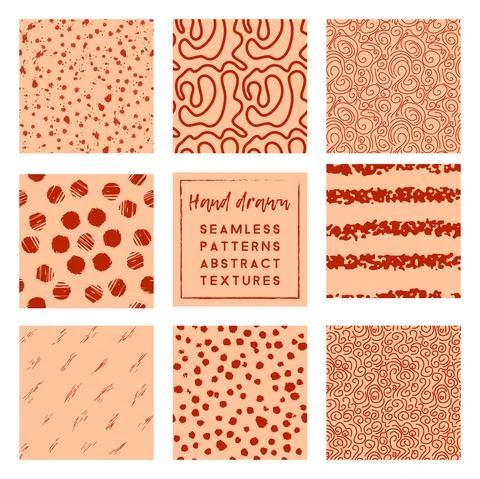 Set of orange color seamless patterns with brush stroke elements Stock Illustration