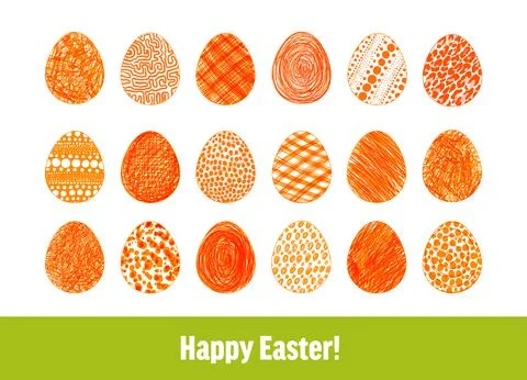 Set of orange doodle eggs on white background. Stock Illustration