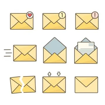 Set of orange flat envelopes with message signs Stock Illustration