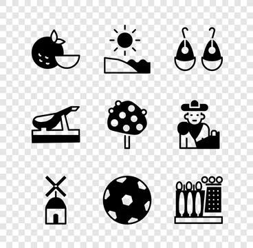 Set Orange fruit, Beach, Earrings, Windmill, Football ball, Dali museum, Span Stock Illustration