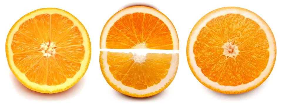 Set orange fruit half and slice isolated on white background. Creative heal.. Stock Photos