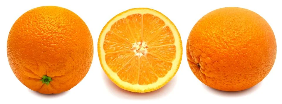 Set orange fruit half and whole isolated on white background. Creative heal.. Stock Photos