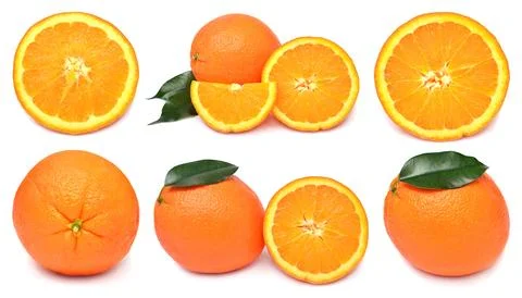 Set of orange fruit whole, half and slices isolated on white background 스톡 사진