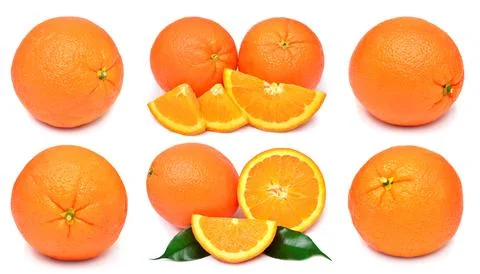 Set of orange fruit whole, half and slices isolated on white background 스톡 사진