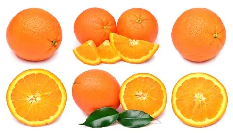 Set of orange fruit whole, half and slices isolated on white background 스톡 사진