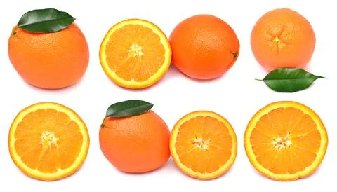 Set of orange fruit whole, half and slices isolated on white background 스톡 사진