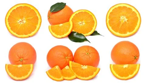 Set of orange fruit whole, half and slices isolated on white background 스톡 사진