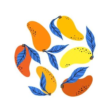 Set orange mango and blue leaf. Stock Illustration