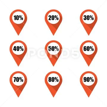 Set of orange map pins with different percentage. Isolated Stock Illustration