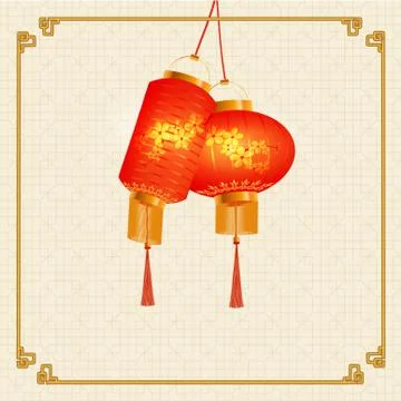A set of orange-red Chinese lanterns with cherry pattern. Round and cylindr.. Stock Illustration