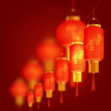 A set of orange-red Chinese lanterns with cherry pattern. Round and cylindr.. Stock Illustration