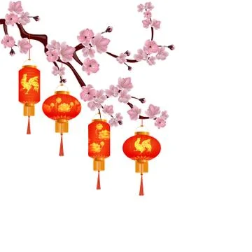 A set of orange-red Chinese lanterns on a blossoming branch of cherry. Roun.. Stock Illustration