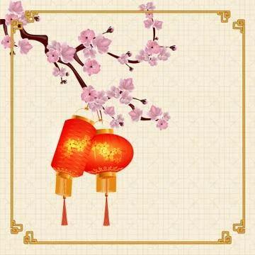 A set of orange-red Chinese lanterns on a branch of cherry blossoms. Round .. Stock Illustration