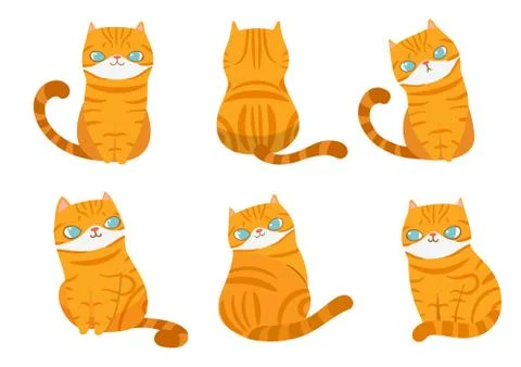 Set of  orange striped cats in different poses on white background. Vector il Illustrazione stock