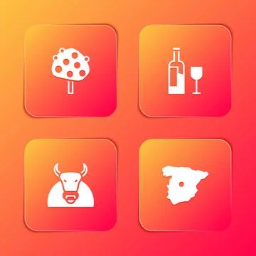 Set Orange tree, Wine bottle with glass, Bull and Map of Spain icon. Vector Stock Illustration