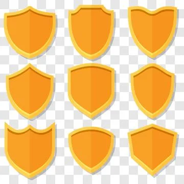 Set of orange vector shields in 3D style with shadow. Stock Illustration