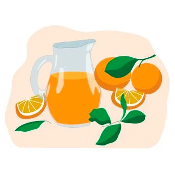 Set of oranges, halves and jug with orange juice on a pink background. For the Stock Illustration