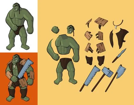Set of orcs v1. Strong orc and equipment Stock Illustration