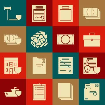 Set Ordered envelope, Document with key with shield, Briefcase, Empty form Stock Illustration