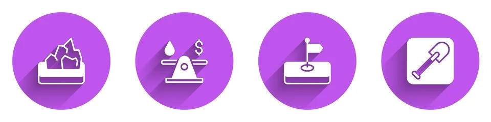 Set Ore mining, Oil money, Flag and Shovel icon with long shadow. Vector Stock Illustration