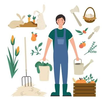 Set of organic farming elements and farmer Stock Illustration