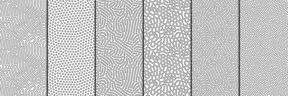 Set of organic seamless patterns with rounded lines, drips. Diffusion reaction Stock Illustration