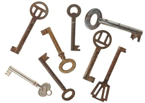 Set of original weathered rusty keys isolated on white background Foto stock
