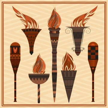 Set  ornamental blazing torches elements  greek ornament, fire Stock Illustration