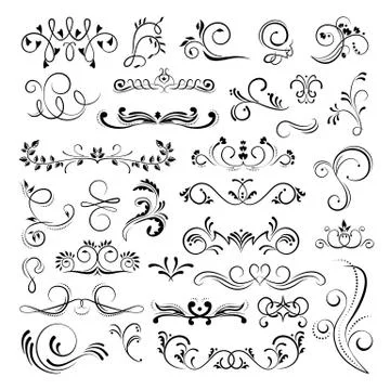 Set of ornamental filigree flourishes and thin dividers on white background Stock Illustration