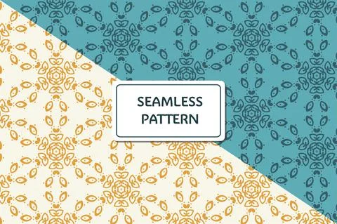 Set of Ornamental geometric seamless pattern. Vector blue and yellow floral Stock Illustration