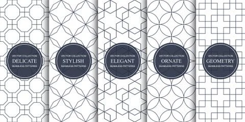 Set of ornamental seamless geometric patterns - symmetric outline textures Иллюстрация