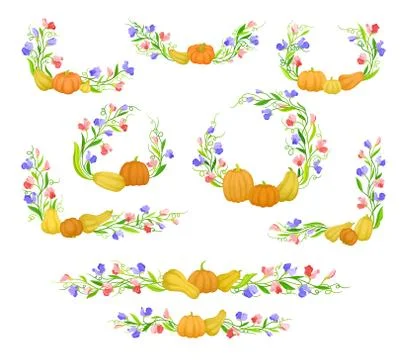 Set of ornaments for frames of leaves, flowers and pumpkins. Vector illustration Illustrazione stock
