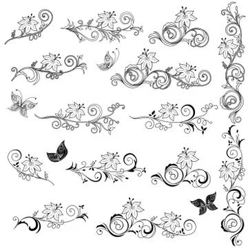Set of ornate floral design elements 스톡 일러스트