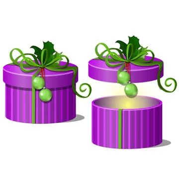 Set of ornate gift boxes purple color with lids tied with a green ribbon bow Stockillustratie