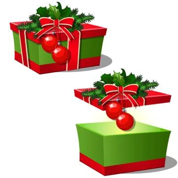 Set of ornate gift boxes with red lid tied with ribbon bow decorated with Holly Stockillustratie