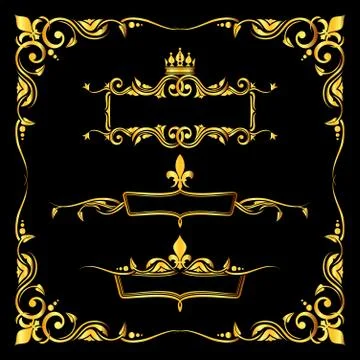 Set of ornate golden royal frames black background Illustrazione stock