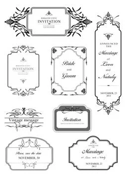 Set of ornate vector frames and ornaments with sample text. Perfect as invita Stock Illustration