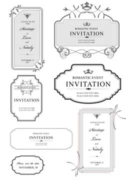 Set of ornate vector frames and ornaments with sample text. Perfect as invita Stock Illustration