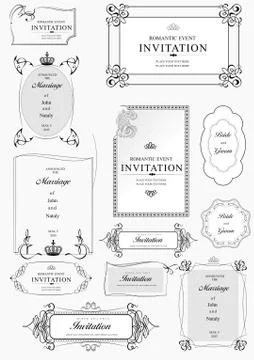Set of ornate vector frames and ornaments with sample text. Perfect as invita Illustrazione stock