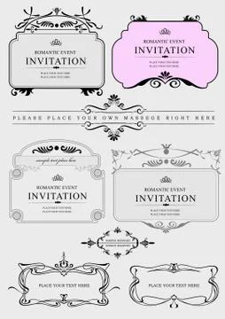Set of ornate vector frames and ornaments with sample text. Perfect as invita Stock Illustration