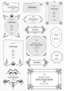 Set of ornate vector frames and ornaments with sample text. Perfect as invita Stock Illustration