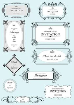 Set of ornate vector frames and ornaments with sample text. Perfect as invita Stock Illustration
