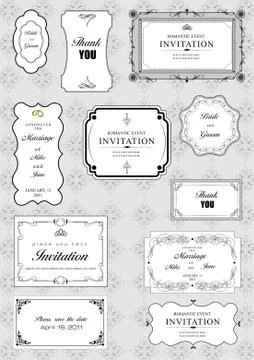 Set of ornate vector frames and ornaments with sample text. Perfect as invita Stock Illustration