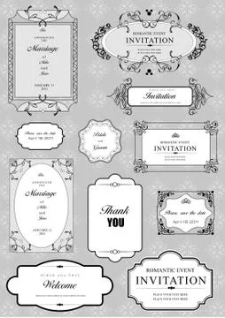 Set of ornate vector frames and ornaments with sample text. Perfect as invita Stock Illustration